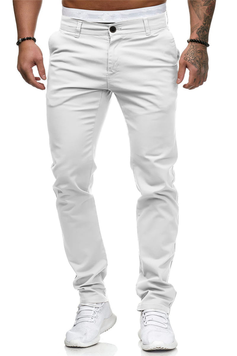 Men’s casual slim fit chinos in white slim-fit cotton with a clean modern design and subtle stitching details.