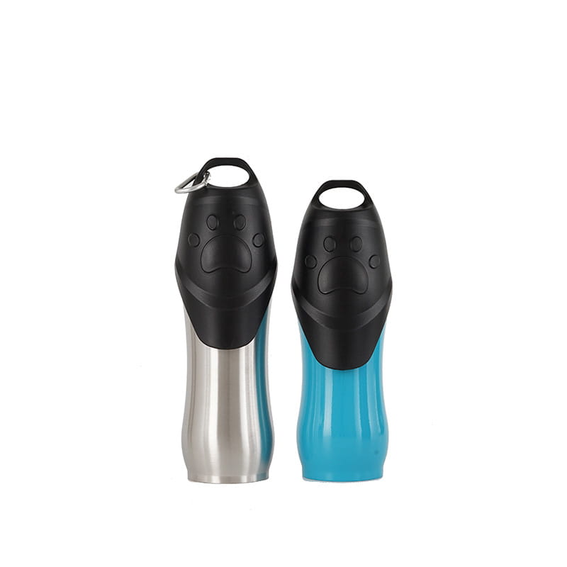 Two portable dog water bottles stainless steel pet dispensers one in silver metallic with black paw-print grip cap and key ring and the other in vibrant blue with the same design.