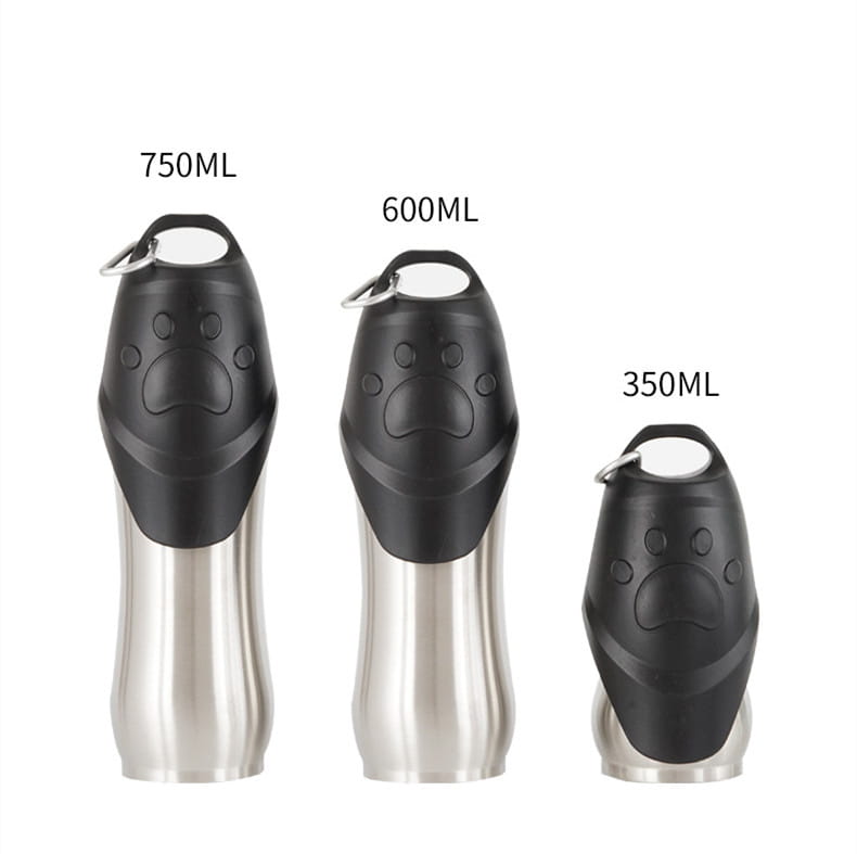 Three black and stainless steel portable dog water bottles feature paw print designs on the top caps for convenient pet hydration.