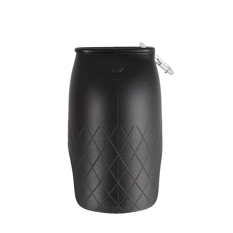 Black rubberized portable dog water bottle with diamond-patterned texture stainless steel pet dispenser featuring a silver carabiner clip.