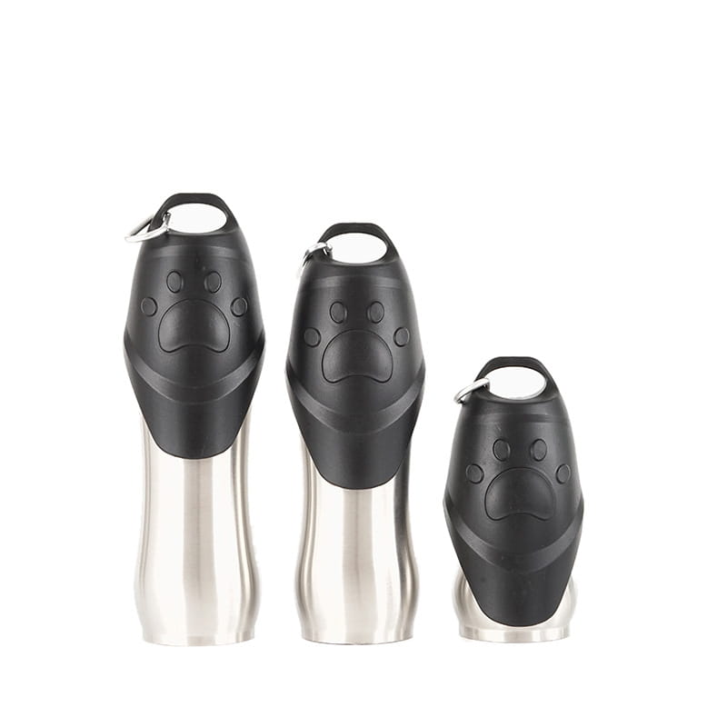 three portable dog water bottle tops in black silicone with paw prints and silver stainless steel bodies featuring keychain loops for pet hydration.