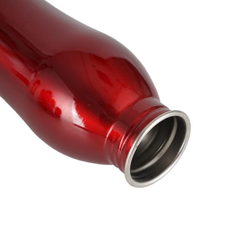 A sleek glossy red stainless steel portable dog water bottle with a metallic silver rim for pet dispensing.