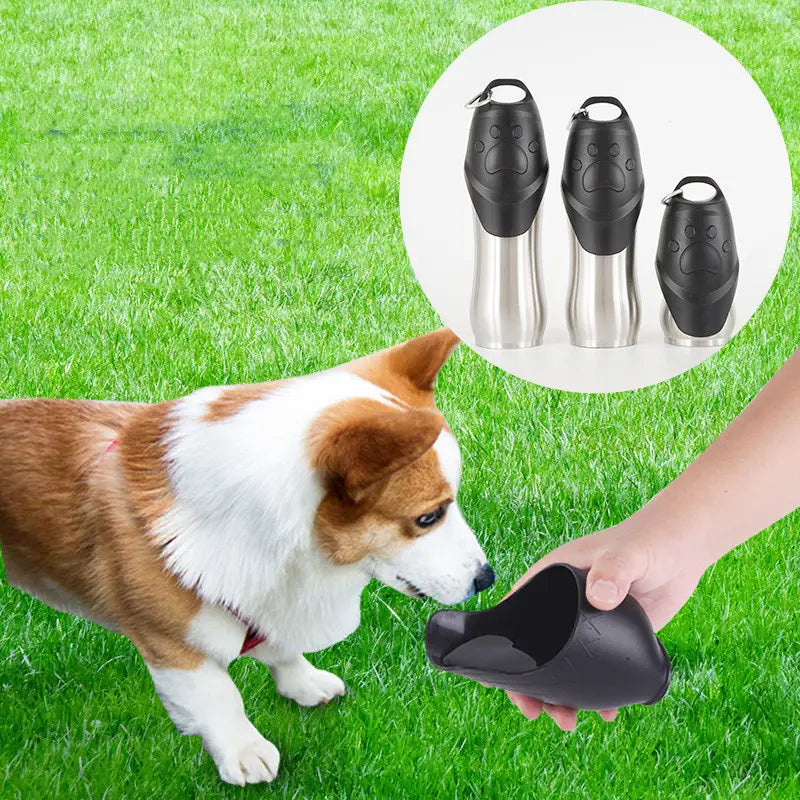 Portable dog water bottle stainless steel pet dispenser featuring a black paw-printed silicone holder and stainless steel body.
