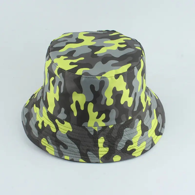 A vibrant neon yellow and gray reversible camouflage fisherman bucket hat with a wide brim designed for outdoor use.