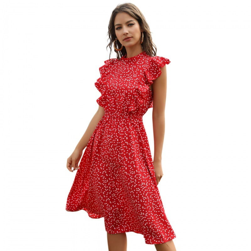 A vibrant red floral chiffon midi dress with delicate white patterns and ruffled cap sleeves.