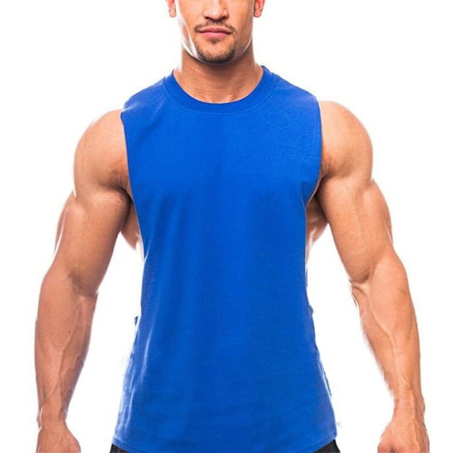 Men’s bright blue lightweight athletic muscle tank top with a sleeveless design, crew neckline, and fitted silhouette.