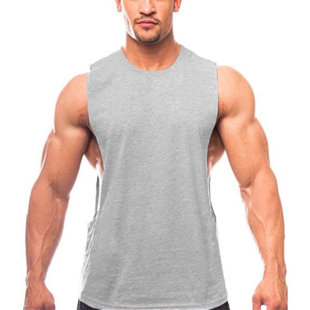 Gray heathered men’s lightweight athletic muscle tank top with a crew neckline and side seam pockets.