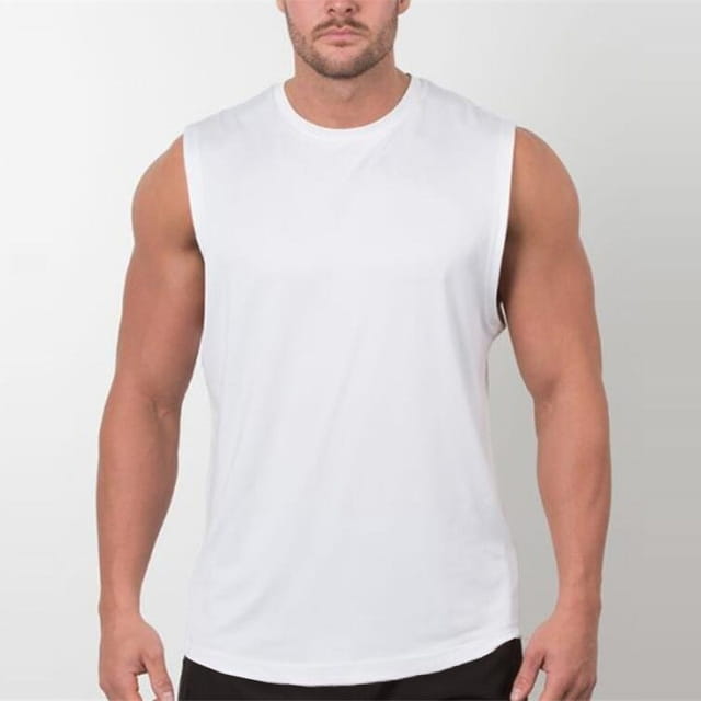 white sleeveless lightweight athletic muscle tank top with a crew neckline and fitted cut designed for men