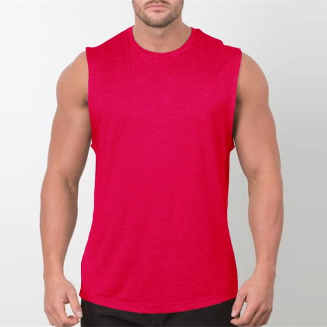 Men’s lightweight athletic muscle tank top in vibrant red sleeveless design with a simple crew neckline and smooth lightweight fabric.