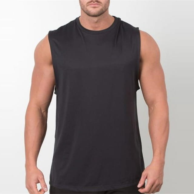 Men’s lightweight black sleeveless athletic muscle tank top with a crew neckline and subtle side seam detailing.