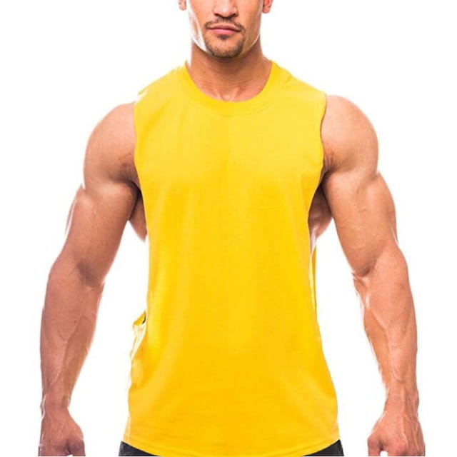 Bright yellow men’s lightweight athletic muscle tank top with a sleeveless design, simple crew neckline, and subtle side seam detailing.