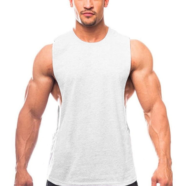 men’s lightweight athletic muscle tank top in white sleeveless design with a simple crew neckline and relaxed fit for comfortable wear.