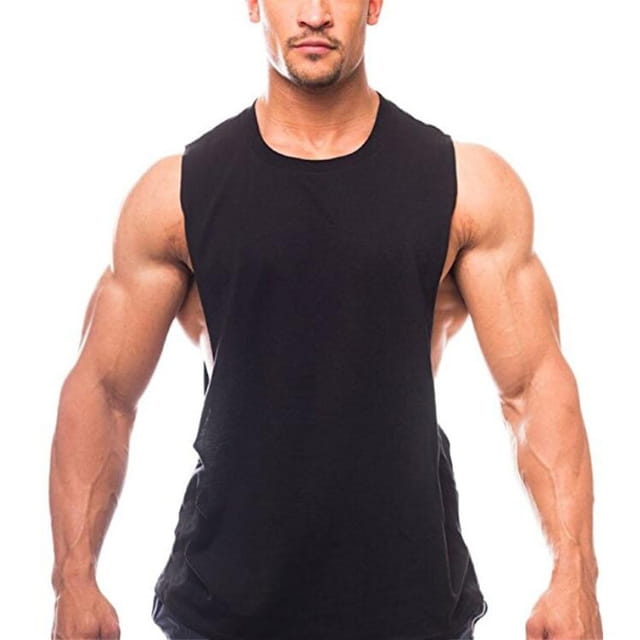Black sleeveless lightweight athletic muscle tank top for men designed for enhanced mobility and comfort.