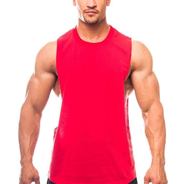 Men’s lightweight red sleeveless athletic tank top with a crew neckline and slightly tapered hem designed for muscle definition and active use.