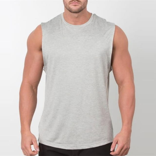 A heather gray men’s lightweight athletic muscle tank top with a sleeveless design, crew neckline, and relaxed fit.
