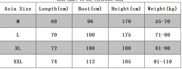 Size chart for a men’s lightweight athletic muscle tank top showing Asian size measurements in centimeters and weight ranges for women’s garments.