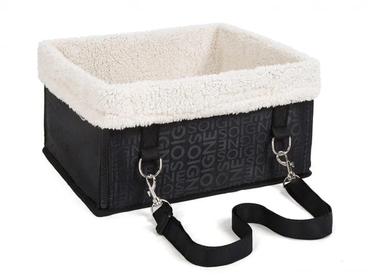 Black elevated dog car seat with cream-colored fleece lining and repeating signature logo pattern on the exterior designed as a portable waterproof pet booster.