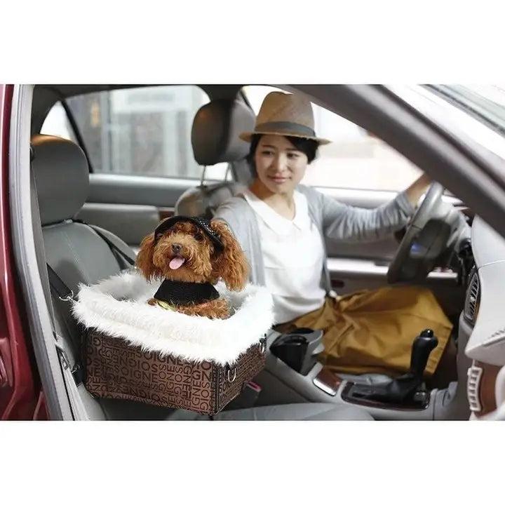Brown patterned elevated dog car seat with white faux fur lining featuring a portable waterproof pet booster design for vehicle use.