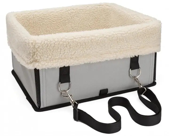 Elevated dog car seat portable waterproof pet booster in gray with cream-colored fleece lining and black straps.