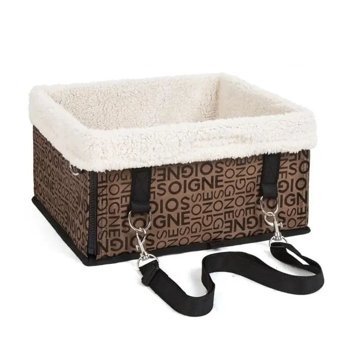Elevated dog car seat portable waterproof pet booster featuring a brown patterned exterior with a plush white interior and black straps for secure installation.