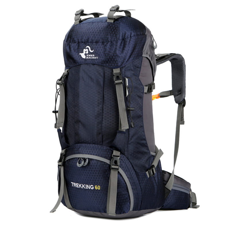 dark navy blue and gray tiger knight 60l hiking backpack with a textured fabric finish designed for durable trekking and mountaineering use showing the back side of the bag.