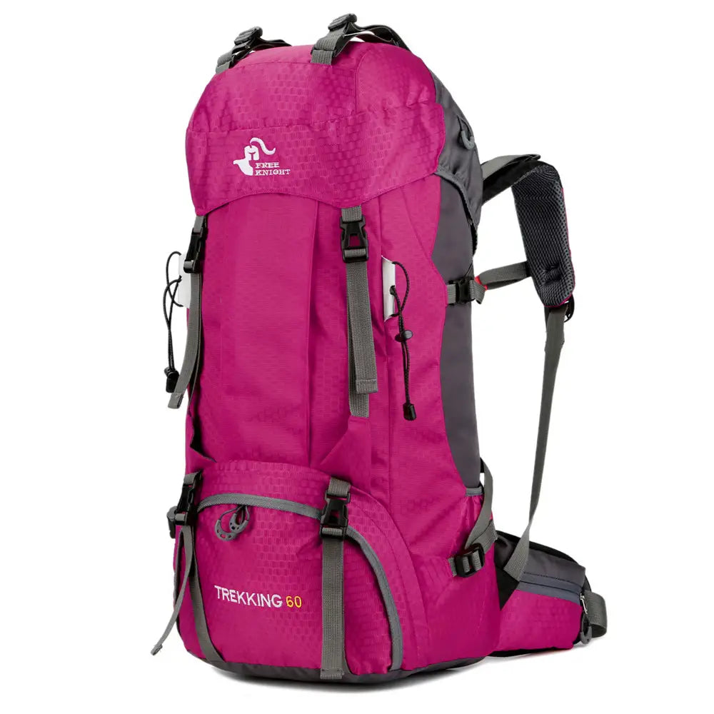 A vibrant magenta and gray free knight 60l hiking backpack with durable textured fabric exterior designed for trekking and mountaineering.