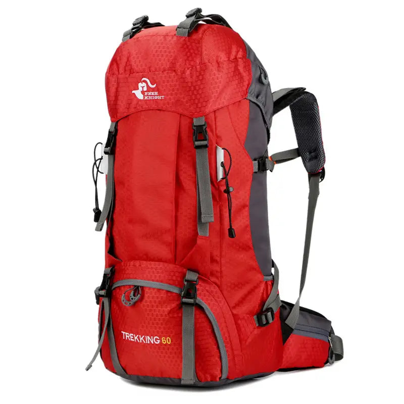 Red and gray 60l hiking backpack with textured fabric finish and black mesh shoulder straps designed for durable trekking and mountaineering use shown from the back side.