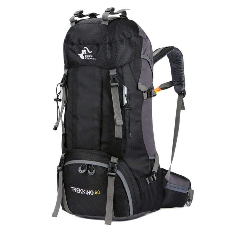 Black and gray 60 liter hiking backpack with durable fabric exterior padded shoulder straps and multiple compartments for trekking and mountaineering.