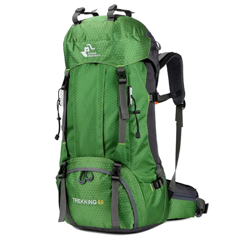Green and black Free Knight trekking 60 liter hiking backpack with a durable textured fabric surface designed for mountaineering and trekking activities.