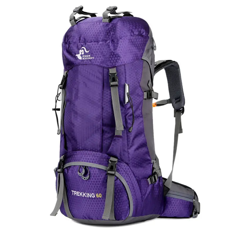 Purple and gray 60l hiking backpack with durable textured fabric finish designed for trekking and mountaineering.