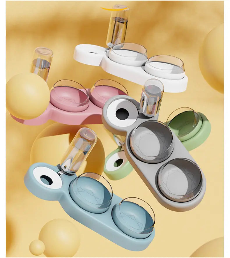 Pastellfarbener automatischer Tierfutter- und Wasserspender mit zwei Schalen und integriertem Wasserspender für eine bequeme Fütterung.