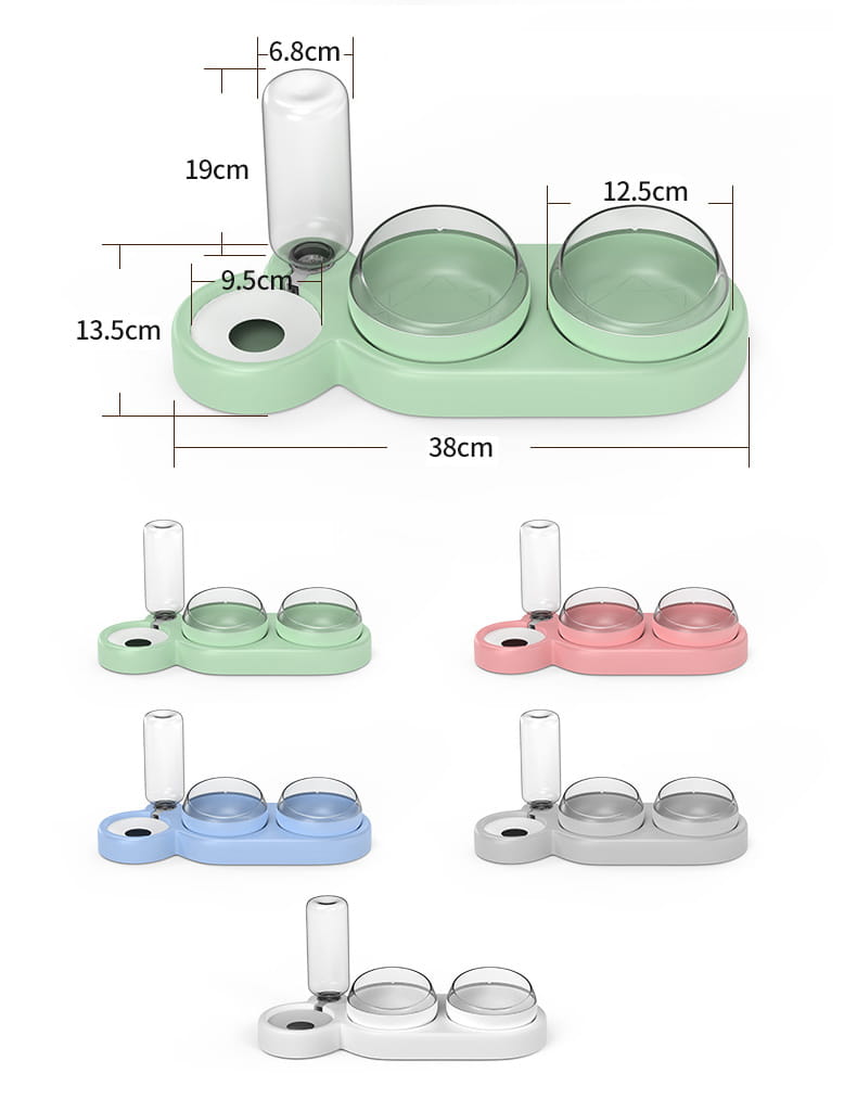 Pastellfarbener automatischer Tierfutter- und Wasserspender als Doppelschale mit zwei transparenten Schalen und einem Glasspendersystem für Wasser.