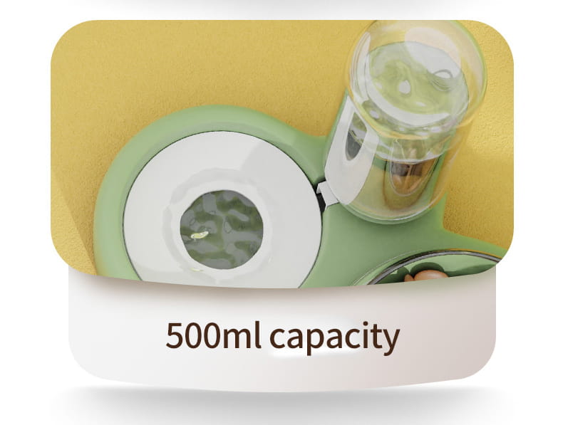 Eleganter automatischer Tierfutter- und Wasserspender mit hellgrünem und weißem Design als Doppelschale mit 500-ml-Kapazität für praktische Wasseraufnahme und Fütterung.