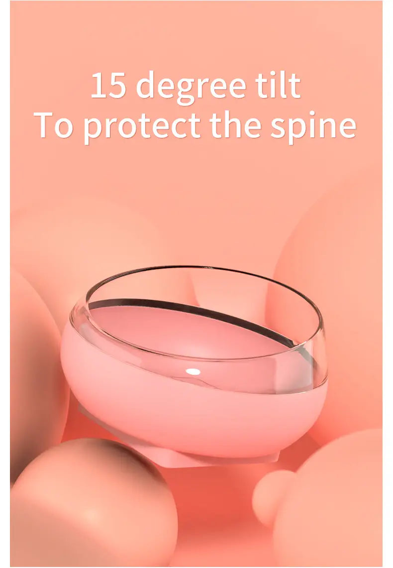 Eleganter, transluzenter rosa- und klarer Glasspender für automatisches Tierfutter und Wasser als Doppelschale mit schwarzem Rand.