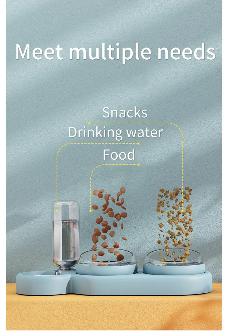 Hellblauer Kunststoff, automatischer Tierfutter- und Wasserspender als Doppelschale, mit klaren Glasschalen für Snacks und Trinkwasser.