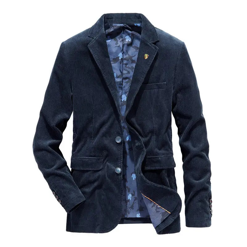 Dark navy corduroy blazer for men featuring a subtle blue floral pattern lining and two front buttons, ideal for casual suit wear.