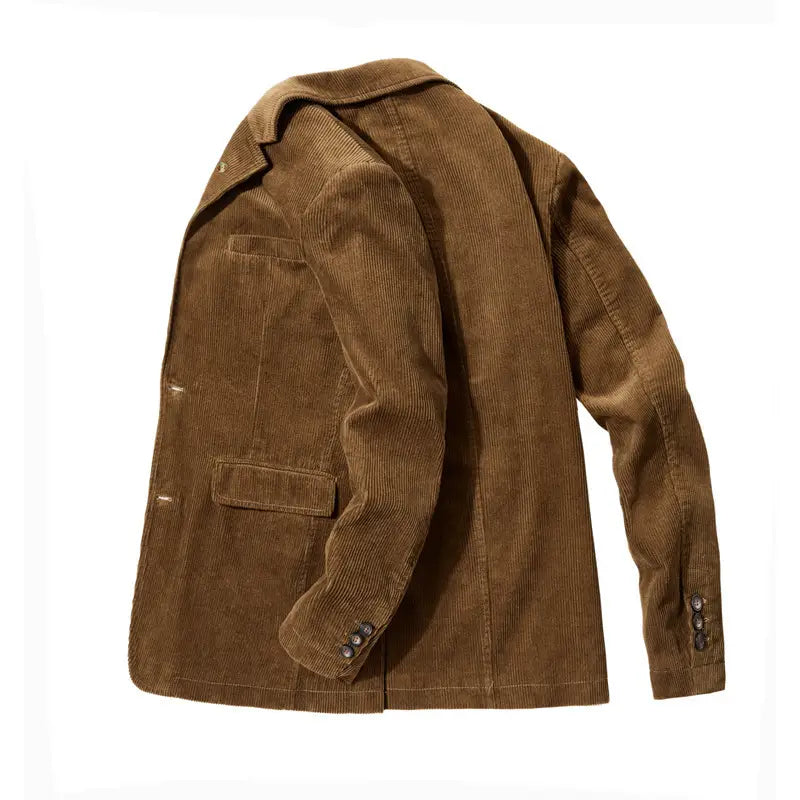 A brown corduroy blazer for men featuring a classic double-breasted design and buttoned cuffs, ideal as a casual suit jacket.