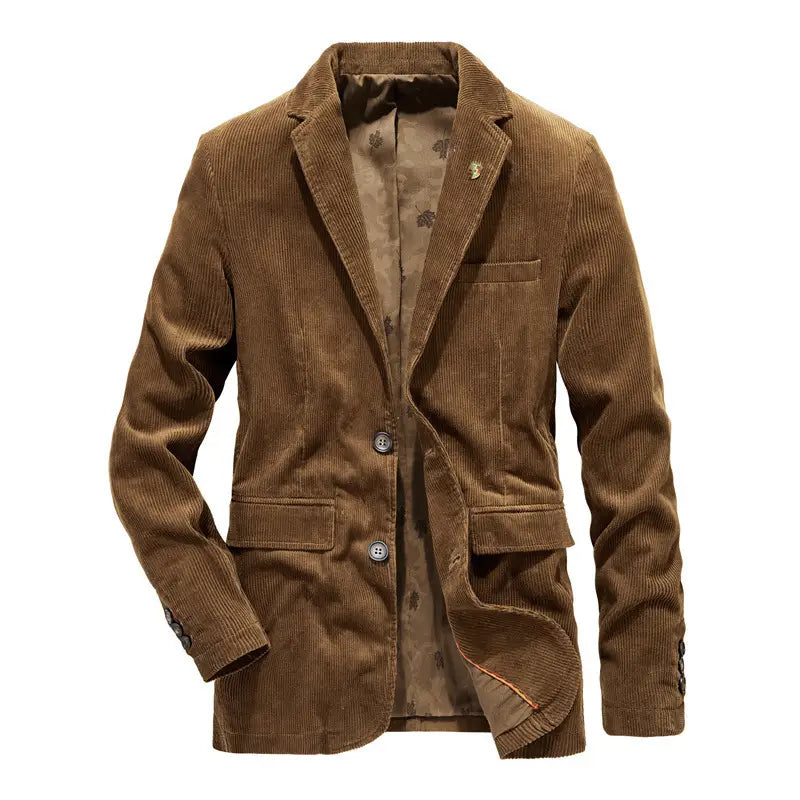 Brown corduroy blazer for men featuring a subtle patterned lining and classic double-breasted design, ideal for casual suit occasions.
