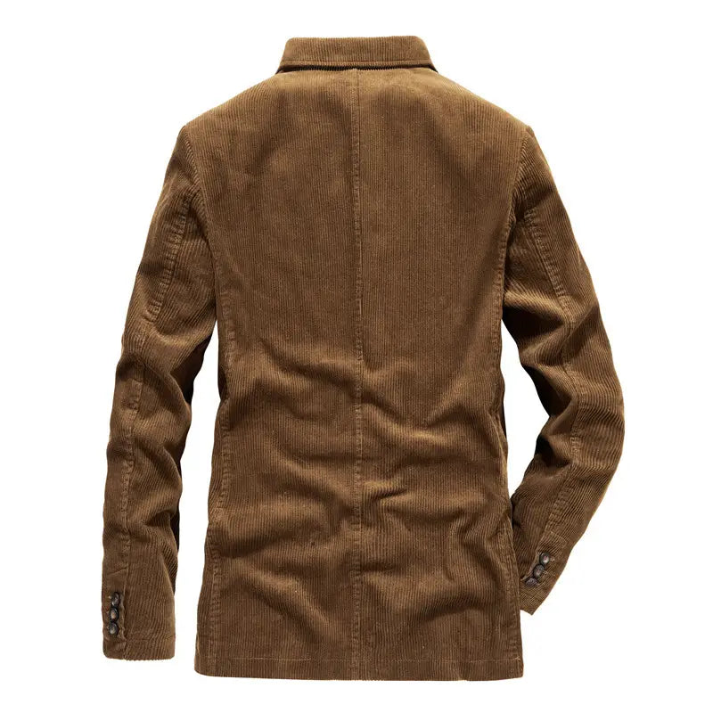 Brown corduroy blazer for men with a classic collar and buttoned cuffs suitable for casual suit jacket use.