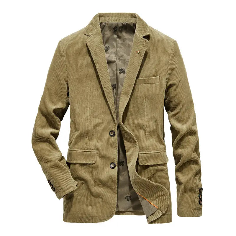 olive green corduroy blazer for men designed as a casual suit jacket showing the front view