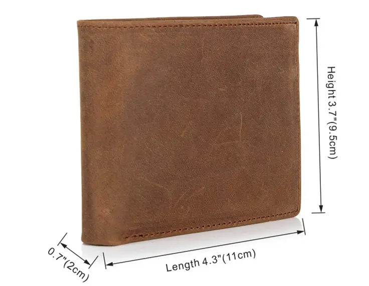 Men’s first layer cowhide leather bifold wallet in brown with visible stitching along the edges.