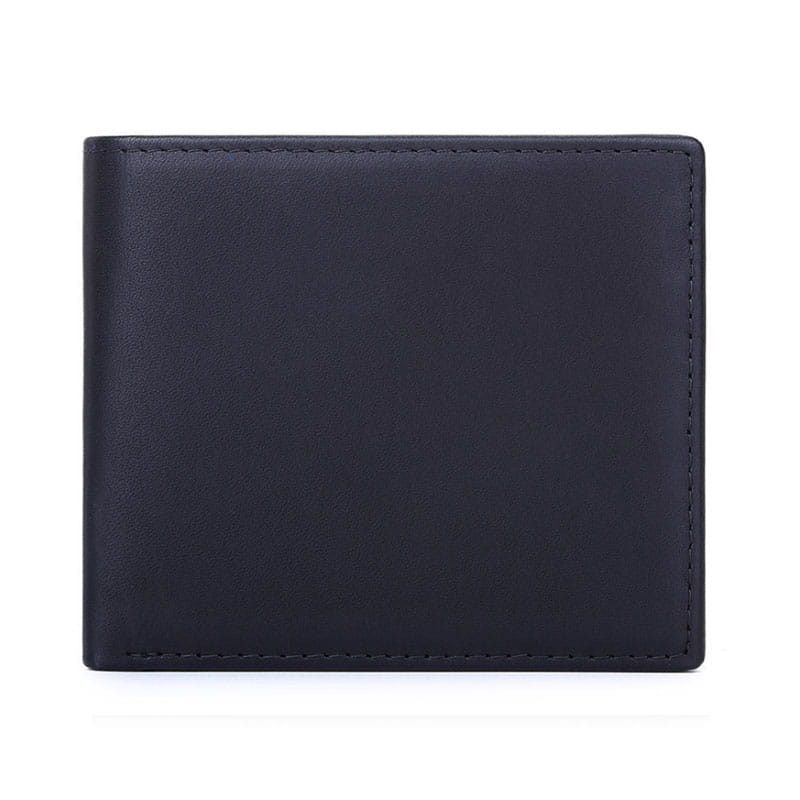 black leather men’s bifold wallet made of first layer cowhide leather with neat stitching along the edges