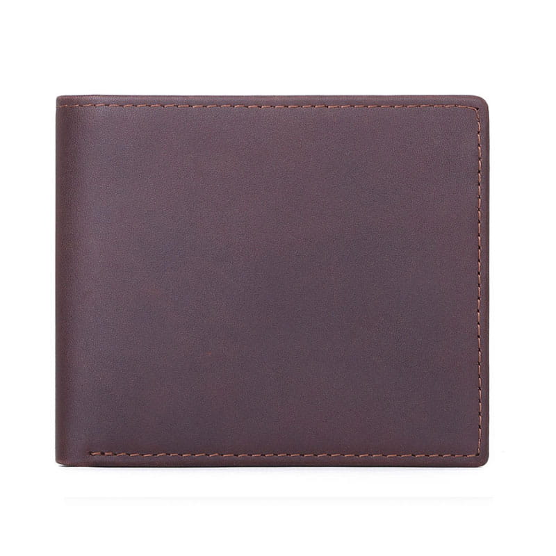 brown leather bifold wallet made of men’s first layer cowhide leather with visible stitching along the edges