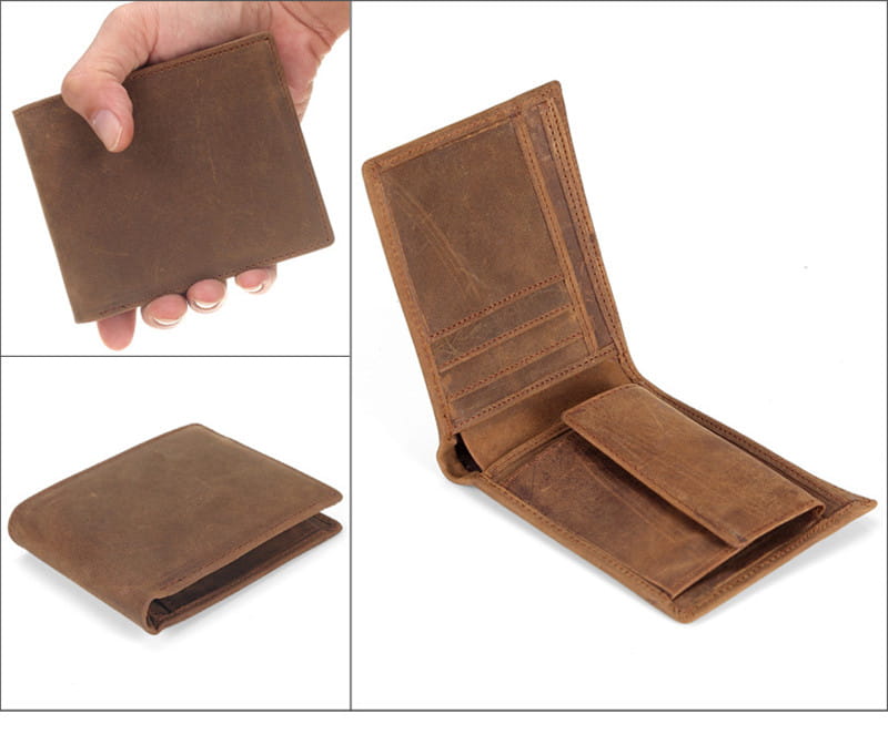 Men’s first layer cowhide leather bifold wallet in brown with visible stitching and multiple card slots.