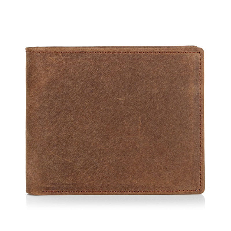 brown leather mens first layer cowhide leather bifold wallet with visible stitching along the edges