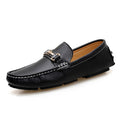 Men’s black leather horsebit loafers with metallic buckle white stitching and plush winter lining