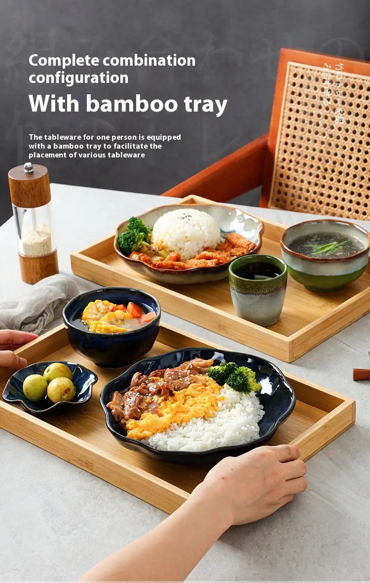 bamboo tray with natural wood finish and smooth slightly raised edges included in ceramic tableware set scalloped fambe diamond dishes