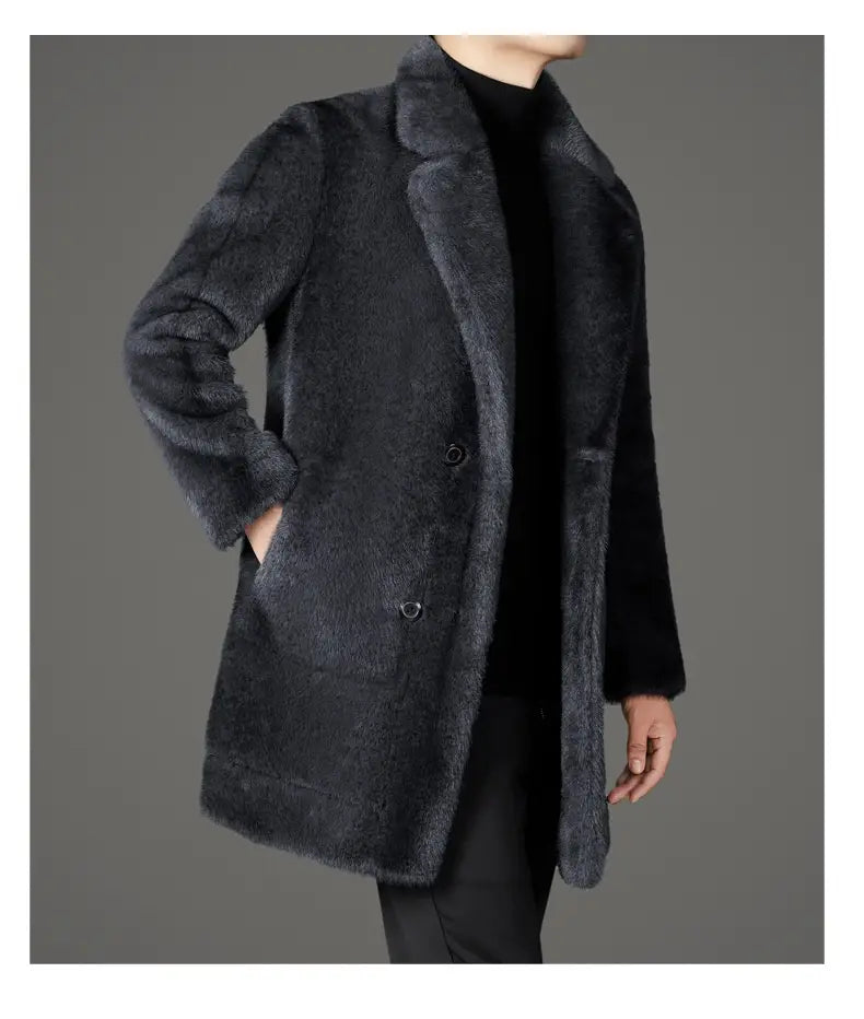 Dark gray men’s furs shearling double breasted winter coat featuring a plush faux fur textured surface and classic design.