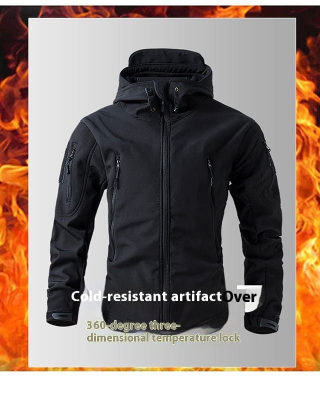 Men’s black waterproof tactical fleece soft shell jacket with hood multiple zippered pockets and full-length zipper.