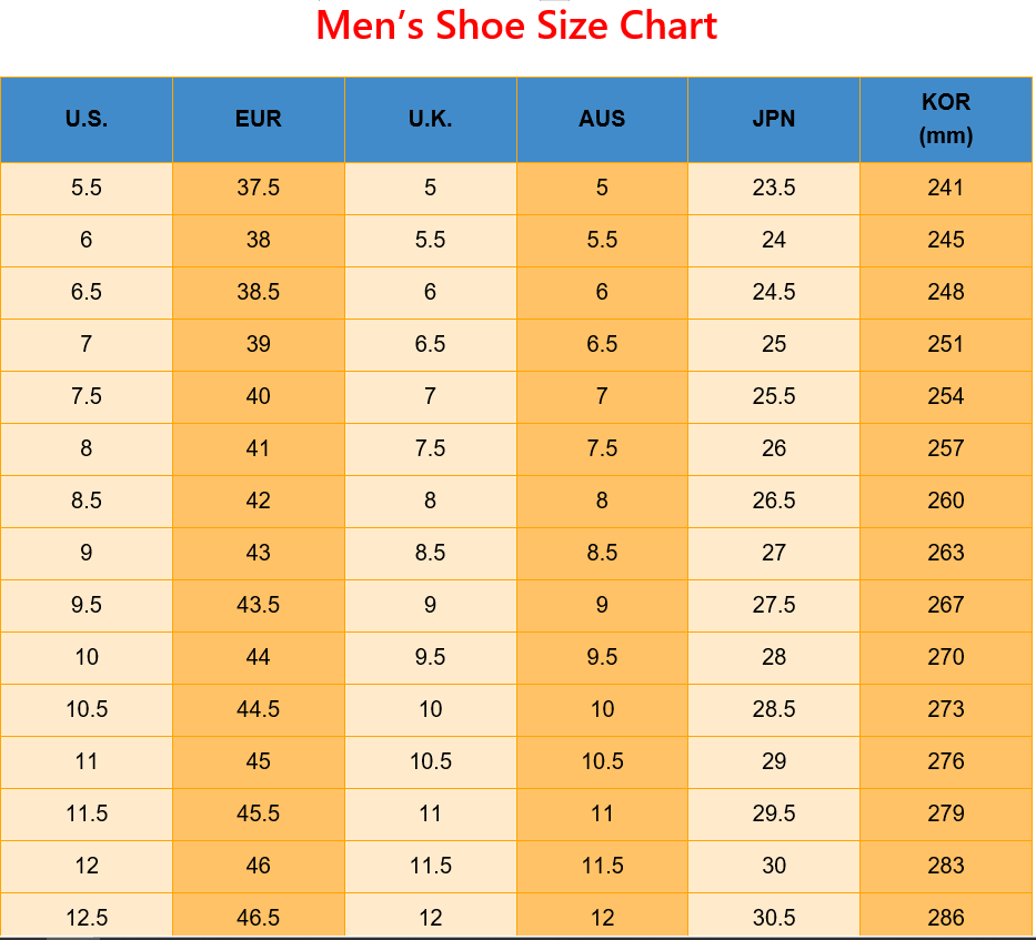 Men’s brown leather formal dress shoes size conversion chart with orange and cream-colored cells showing measurements in U.S., European, UK, Australian, Japanese, Korean millimeters, and other international sizing systems.